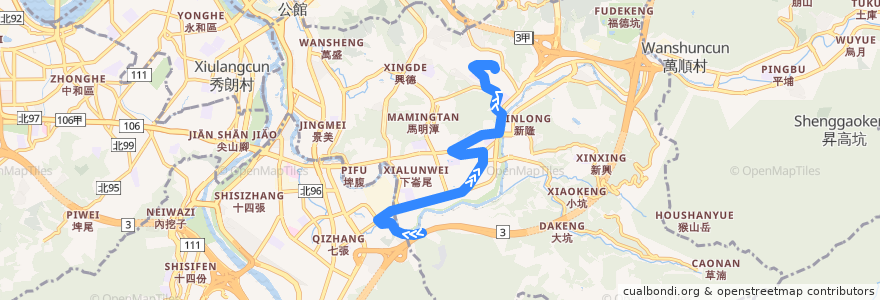 Mapa del recorrido 臺北市 小11 萬芳社區-大春山莊 (返程) de la línea  en Wenshan District.