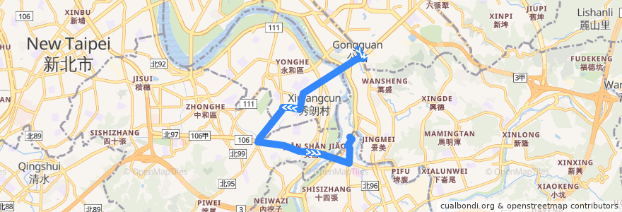 Mapa del recorrido 臺北市 254區 大鵬新村-捷運公館站 (返程) de la línea  en 新北市.