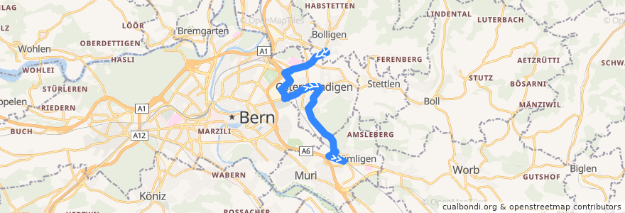 Mapa del recorrido Bus 44: Bolligen, Bahnhof => Gümligen, Bahnhof de la línea  en Bern-Mittelland administrative district.