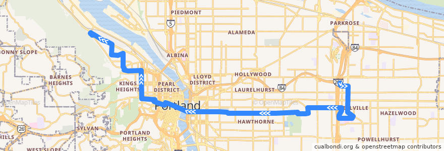 Mapa del recorrido Bus 15: Gateway Transit Center => Yeon & 44th de la línea  en Portland.