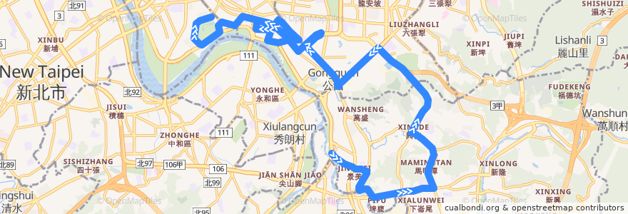 Mapa del recorrido 臺北市 棕22 景美-青年公園 繞駛紀州庵 (往程) de la línea  en 臺北市.