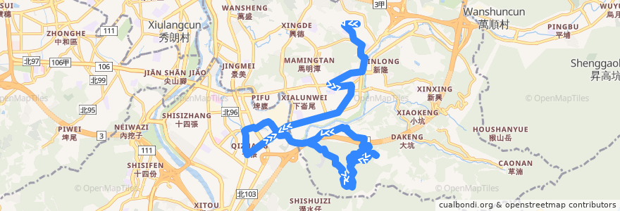 Mapa del recorrido 臺北市 小11 萬芳社區-大春山莊 繞駛捷運七張站、救千宮 (往程) de la línea  en 文山區.