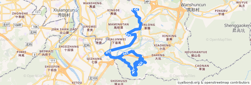 Mapa del recorrido 臺北市 小11 萬芳社區-大春山莊 繞駛救千宮 (往程) de la línea  en 文山區.