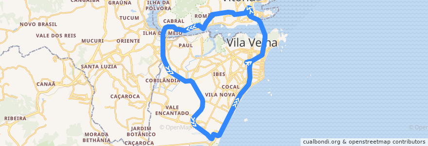 Mapa del recorrido 558 Terminal Vila Velha/Vitória de la línea  en Região Metropolitana da Grande Vitória.