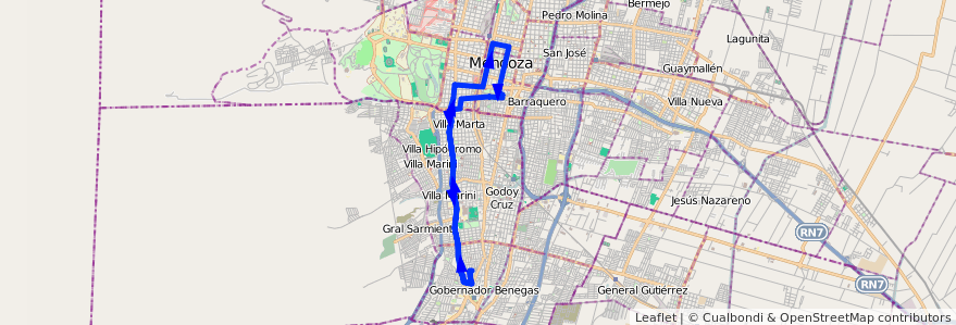 Mapa del recorrido 44 - Expreso Trapiche por Paso de los Andes de la línea G04 en Mendoza.