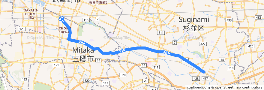 Mapa del recorrido 三鷹線 de la línea  en 東京都.