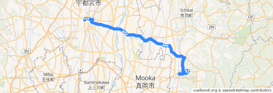 Mapa del recorrido 宇都宮東武⇒東高橋⇒益子駅前 de la línea  en 栃木県.