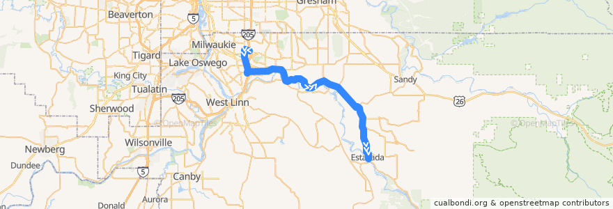 Mapa del recorrido Bus 30: Clackamas Town Center => Estacada de la línea  en Clackamas County.