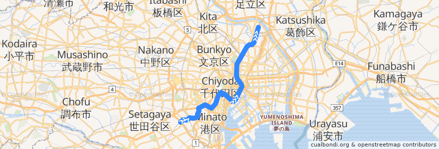 Mapa del recorrido 東京メトロ日比谷線 : 中目黒→北千住 de la línea  en 東京都.