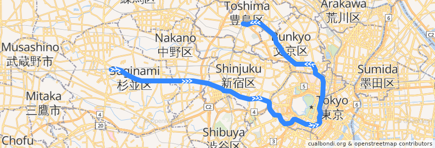 Mapa del recorrido 東京メトロ丸ノ内線 : 荻窪→池袋 de la línea  en Tokyo.