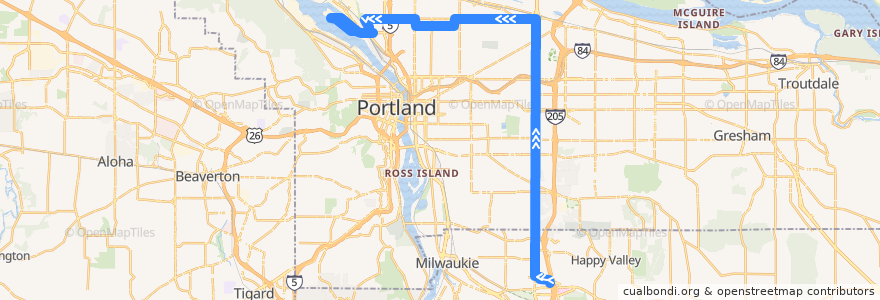 Mapa del recorrido Bus 72: Clackamas Town Center => Swan Island de la línea  en Portland.