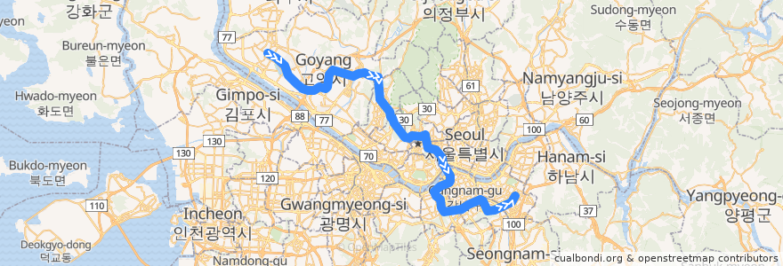 Mapa del recorrido 서울 지하철 3호선: 대화 → 오금 de la línea  en 대한민국.