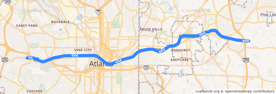 Mapa del recorrido Subway Blue Line: Indian Creek => Hamilton E. Holmes de la línea  en Géorgie.