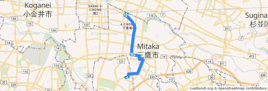 Mapa del recorrido Bus 鷹55 三鷹駅->野ヶ谷 de la línea  en 東京都.