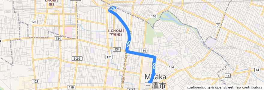 Mapa del recorrido Bus 鷹63 三鷹駅->杏林大学井の頭キャンパス de la línea  en Tokyo.