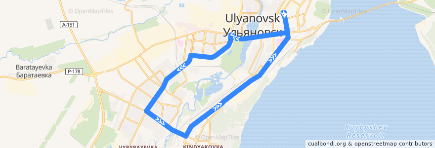 Mapa del recorrido Трамвай № 10: Дамба - 12 Сентября - Дамба de la línea  en городской округ Ульяновск.