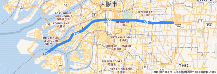 Mapa del recorrido Osaka Metro中央線 de la línea  en Osaka.