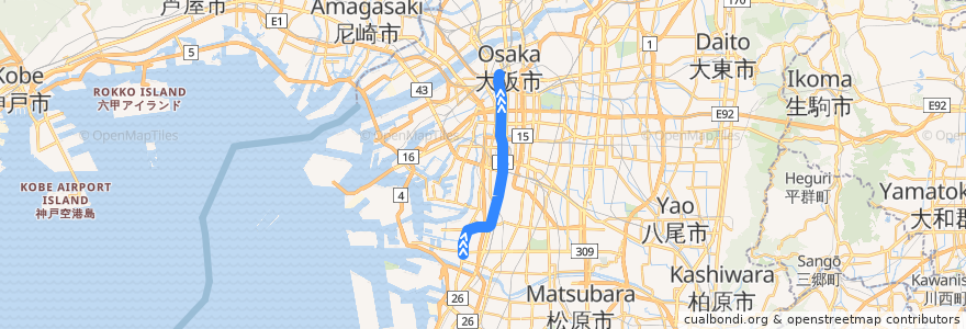 Mapa del recorrido Osaka Metro四つ橋線 de la línea  en Osaka.