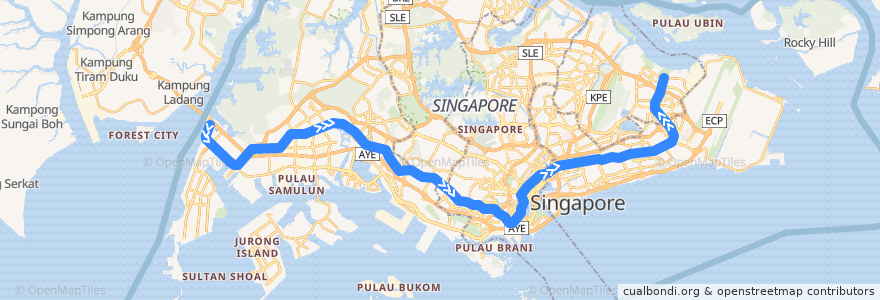 Mapa del recorrido MRT East-West Line (Tuas Link --> Pasir Ris) de la línea  en 新加坡.