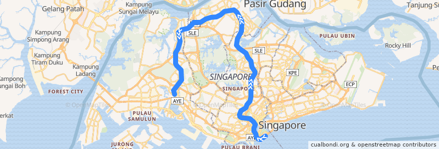 Mapa del recorrido MRT North-South Line (Marina South Pier --> Jurong East) de la línea  en Singapour.