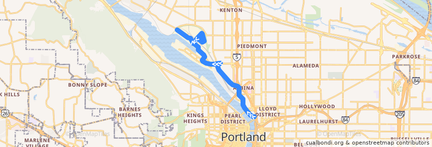 Mapa del recorrido Bus 85: Rose Quarter Transit Center => Swan Island de la línea  en Portland.