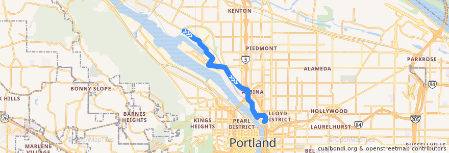 Mapa del recorrido Bus 85: Swan Island => Rose Quarter Transit Center de la línea  en Portland.