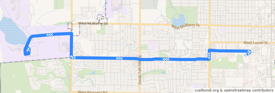 Mapa del recorrido 33 WB de la línea  en Fort Collins.