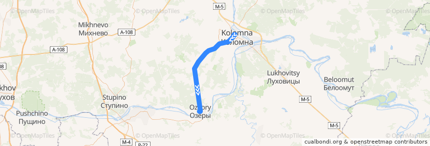 Mapa del recorrido Автобус: № 22 «Коломна (Старая Коломна) – Озёры» de la línea  en городской округ Коломна.