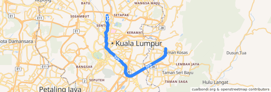 Mapa del recorrido Ampang Line (Sentul Timur --> Ampang) de la línea  en Selangor.