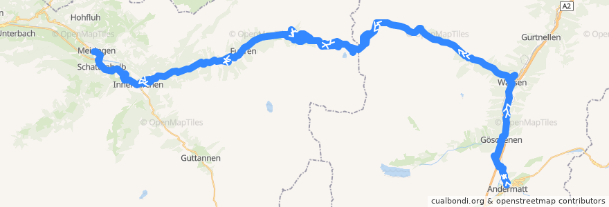 Mapa del recorrido Bus 162: Andermatt => Meiringen (Sustenpass-Linie) de la línea  en Schweiz.