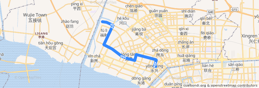 Mapa del recorrido 56路: 黄海路江海大道口 => 兴福路西 de la línea  en Chongchuan District.