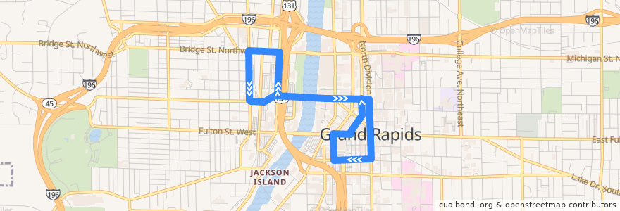 Mapa del recorrido The Rapid 20 DASH West de la línea  en Grand Rapids.