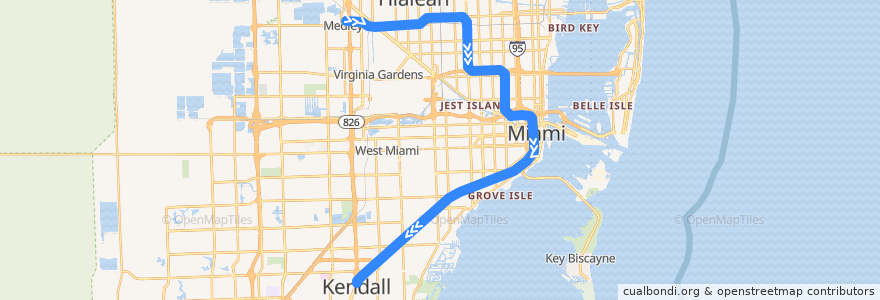 Mapa del recorrido Green Line: Palmetto => Dadeland South de la línea  en Condado de Miami-Dade.