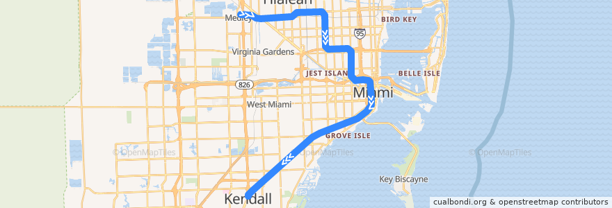 Mapa del recorrido Green Line: Palmetto => Dadeland South de la línea  en Miami-Dade County.