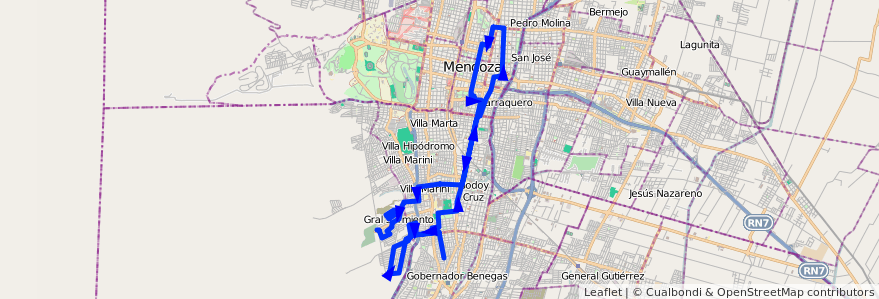 Mapa del recorrido 45 - Bº Ruiseñor- Estanzuela por San Martin - Foecyt de la línea G04 en メンドーサ州.