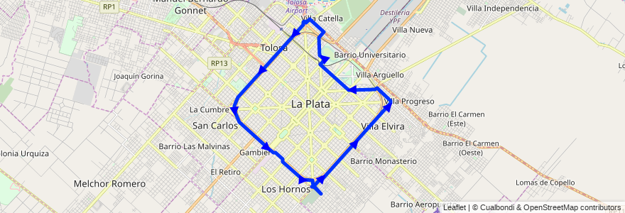 Mapa del recorrido 45 de la línea Este en Partido de La Plata.