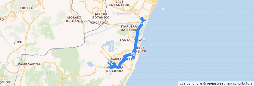 Mapa del recorrido 654 - Jabaeté/Terminal de Itaparica - via Avenida Amaral Peixoto de la línea  en Vila Velha.