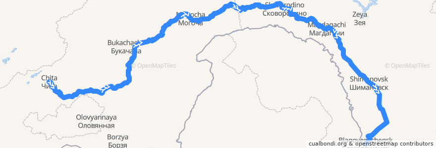 Mapa del recorrido Поезд № 392Ч: Чита — Благовещенск de la línea  en Дальневосточный федеральный округ.