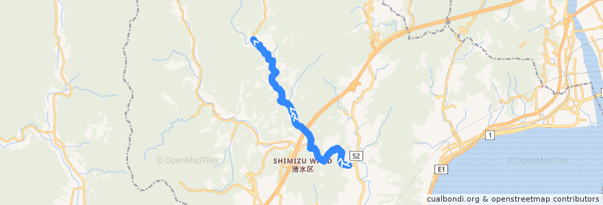 Mapa del recorrido 板井沢系統 de la línea  en Shimizu Ward.