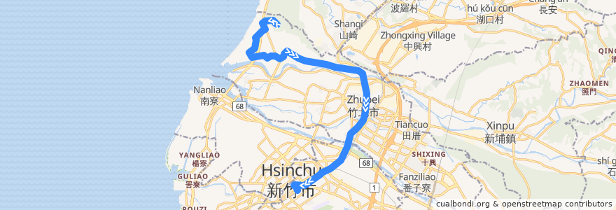 Mapa del recorrido 5600 蓮花寺廟前→新竹(經竹北) de la línea  en 中華民國12浬領海外界線.