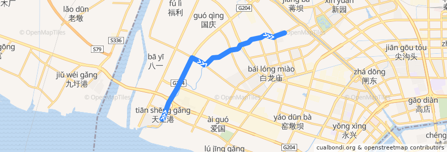 Mapa del recorrido 2路: 天生港 => 西洋桥 de la línea  en 崇川区.