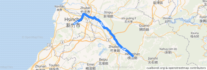 Mapa del recorrido 5614 新竹→九讚頭(經芎林) de la línea  en Уезд Синьчжу.