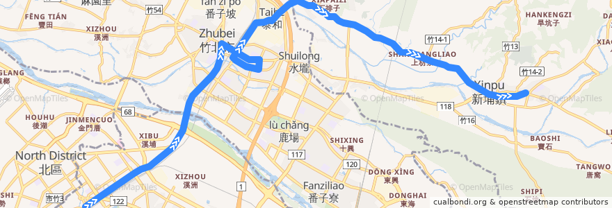 Mapa del recorrido 5621 新竹→新埔(經義民廟) de la línea  en 中華民國12浬領海外界線.