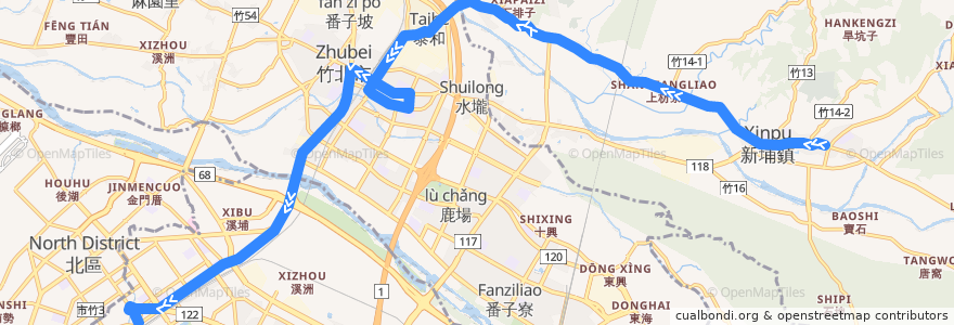 Mapa del recorrido 5621 新埔→新竹(經義民廟) de la línea  en 中華民國12浬領海外界線.