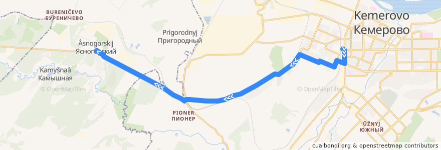 Mapa del recorrido Автобус № 121: Ж/Д вокзал — Ясногорский de la línea  en Кемеровский городской округ.