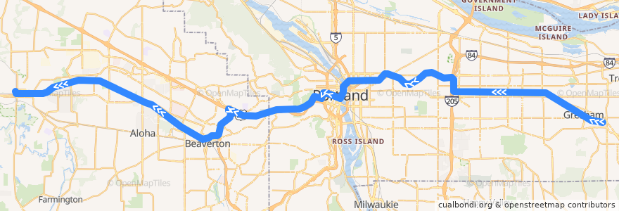 Mapa del recorrido MAX Blue Line: Gresham => Hillsboro de la línea  en اورگن.
