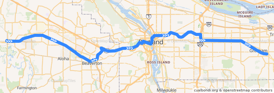 Mapa del recorrido MAX Blue Line: Hillsboro => Gresham de la línea  en أوريغون.