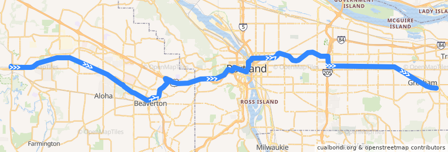 Mapa del recorrido MAX Blue Line: Hillsboro => Gresham de la línea  en Oregon.