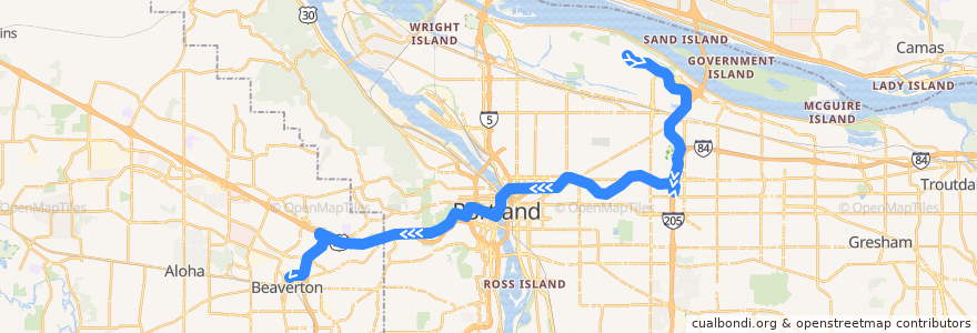 Mapa del recorrido MAX Red Line: Portland International Airport => Beaverton Transit Center de la línea  en 俄勒冈州/俄勒岡州.