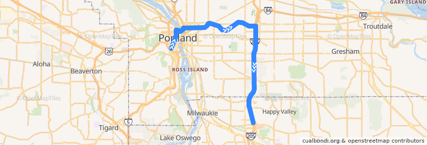 Mapa del recorrido MAX Green Line: Portland => Clackamas Town Center de la línea  en Portland.